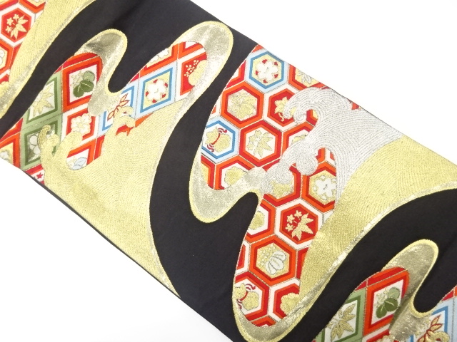 JAPANESE KIMONO / ANTIQUE FUKURO OBI / SILK / WOVEN ROUGH WAVE & PAULOWNIA & FLOWERS